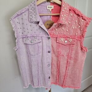 NWT BiBi Pearl & Rhinestone Decor Contrast Raw Hem Vest Coat Purple/Peach